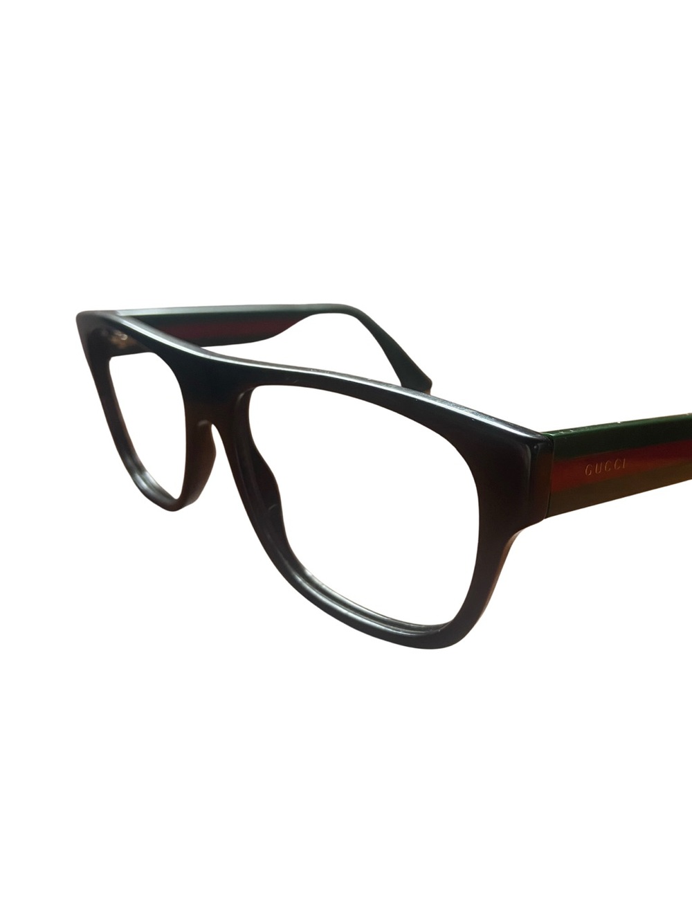 Gucci Black Square Frame Glasses with Subtle Red-Green Temple Accent
